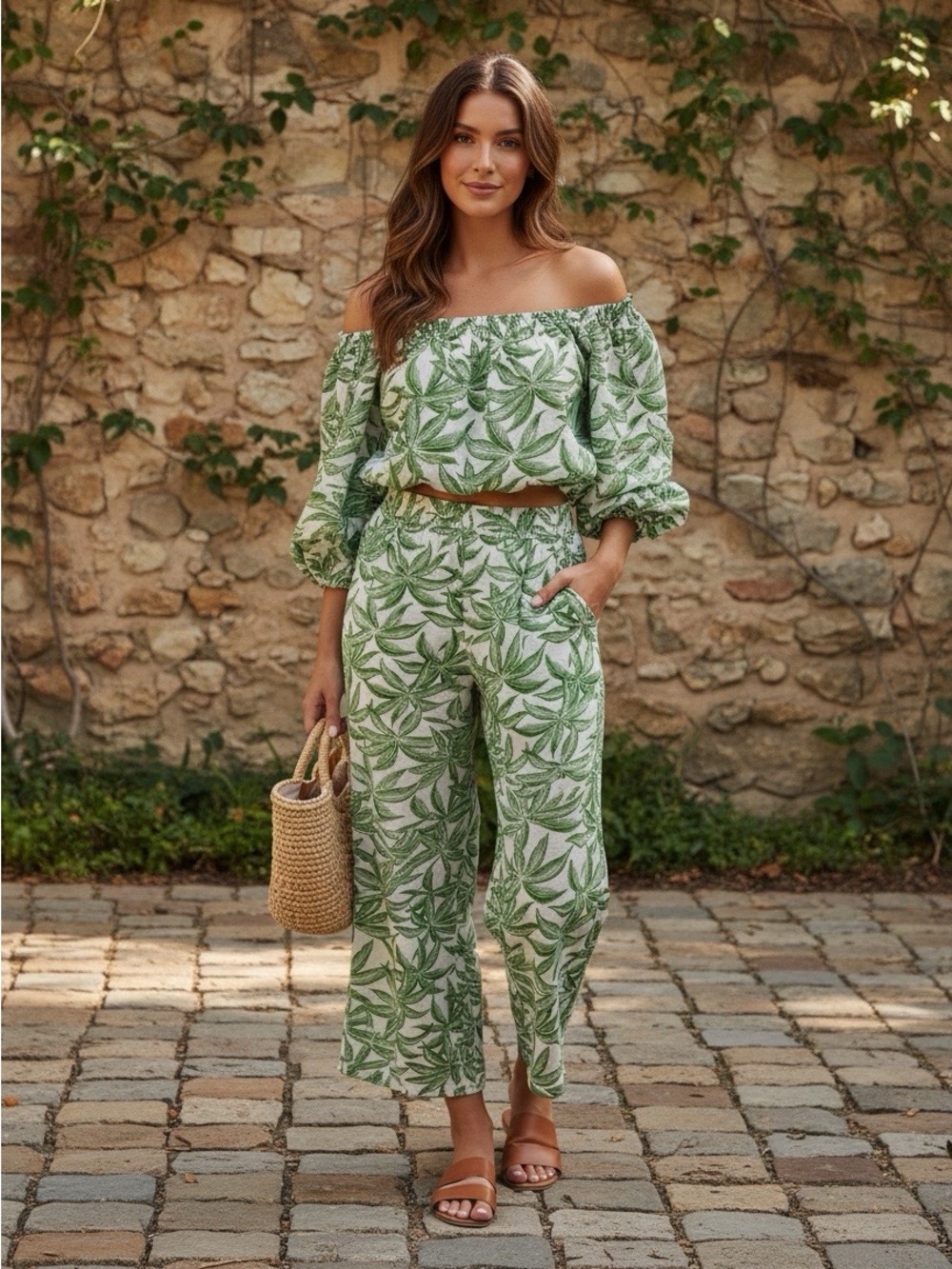 Off-Shoulder Crop Top Boho Leaf Print Wide-Leg Pants